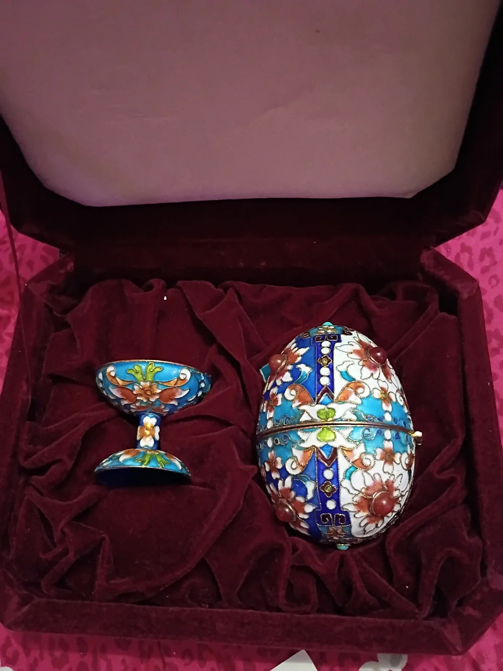 Ornate Blue Floral Cloisonné Egg Trinket Box